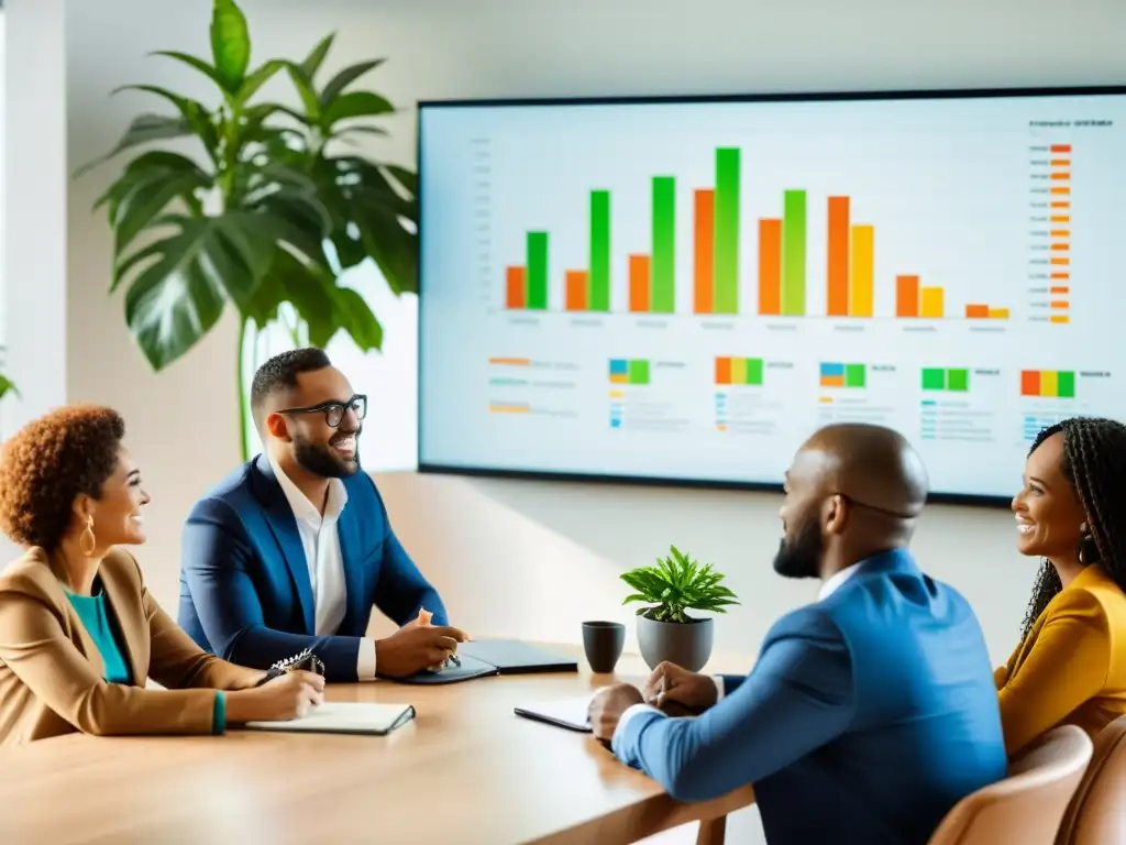 Profesionales de negocios y trabajadores sociales discuten en una sala iluminada con plantas de fondo, equilibrio rentabilidad impacto social ONG