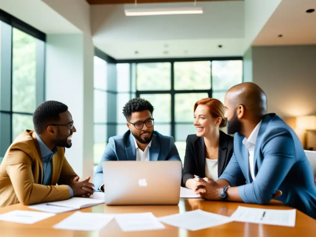 Profesionales de diversas ONGs colaboran en alianzas estratégicas para gestionar proyectos, en una atmósfera cálida y colaborativa