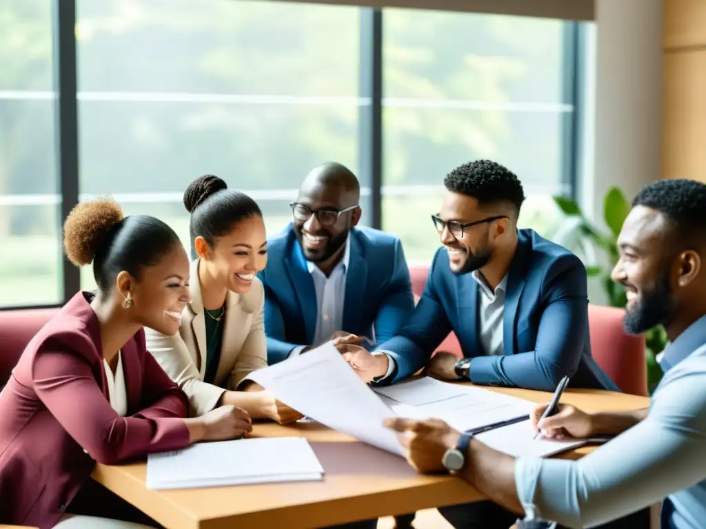 Profesionales de diversas ONGs colaborando en una animada reunión, mostrando entusiasmo y concentración, en una atmósfera de gestión del conocimiento