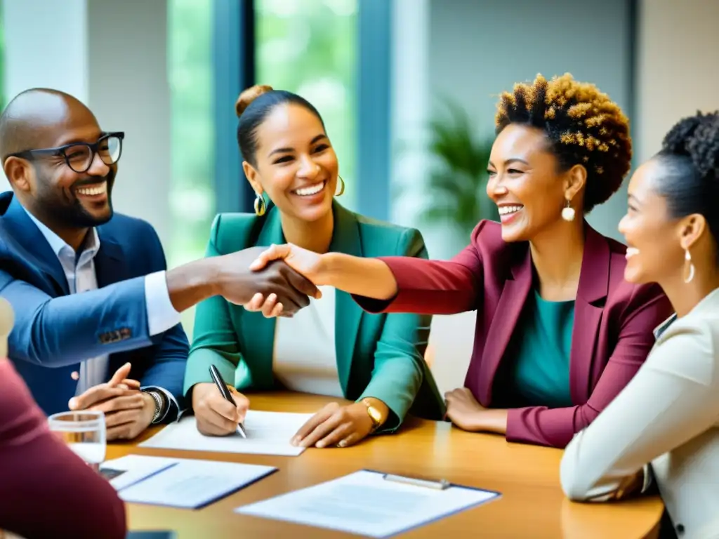 Colaboración apasionada entre ONGs Profesionales de ONGs colaboran apasionados en una mesa, intercambiando ideas para conectar ONGs compatibles