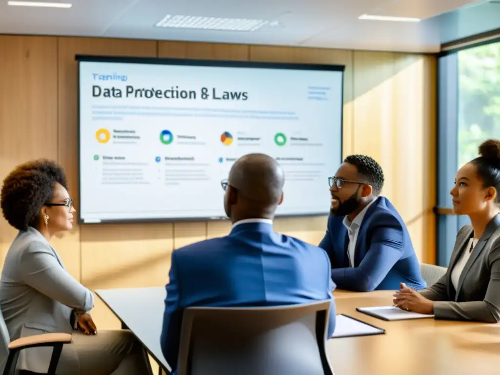 Formación en Protección de Datos: Colaboración Profesional Profesionales de ONGs colaboran en capacitación sobre protección de datos, con infografía de leyes en la pared