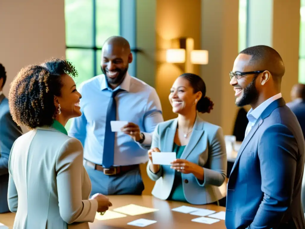 Profesionales de ONGs en capacitación en networking, intercambiando ideas y tarjetas en un ambiente cálido y colaborativo