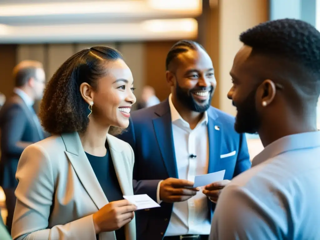 Profesionales de ONGs en evento de networking internacional, intercambiando tarjetas y discutiendo colaboraciones en ambiente cálido y motivador