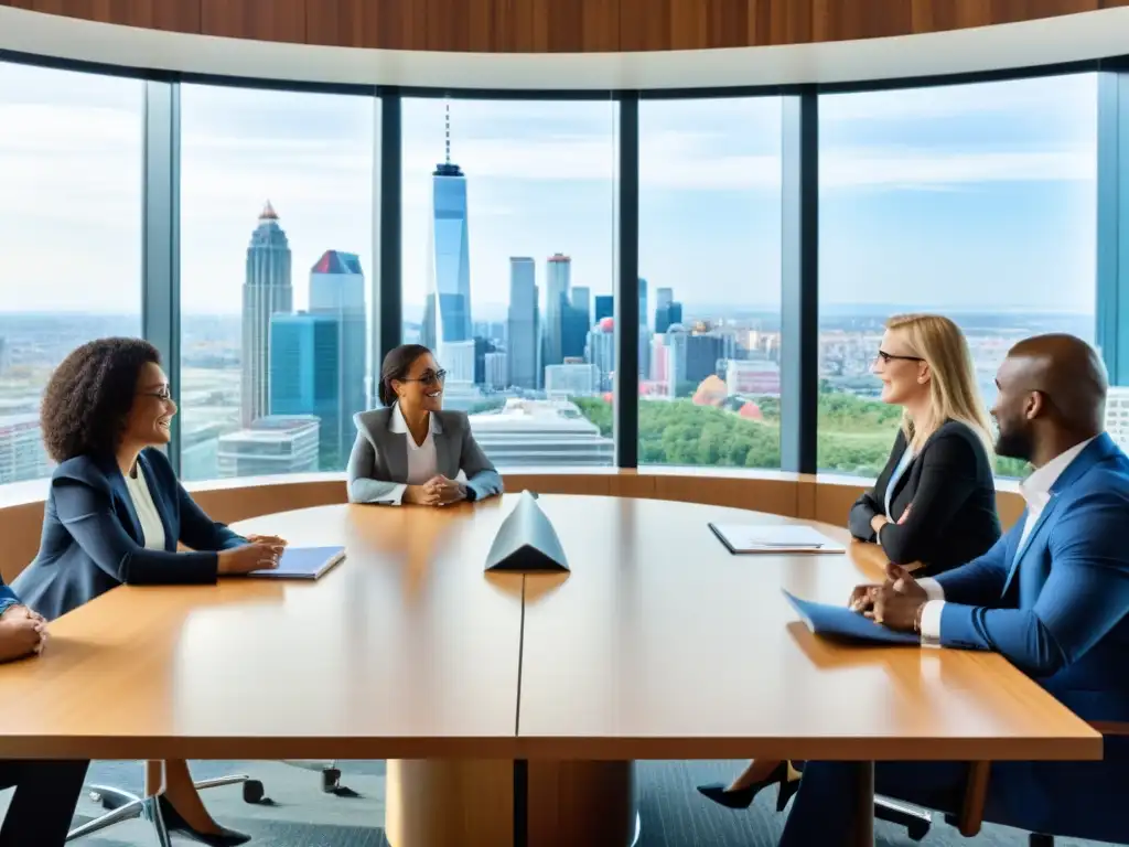 Profesionales de ONGs discuten ideas en sala moderna con vista a la ciudad