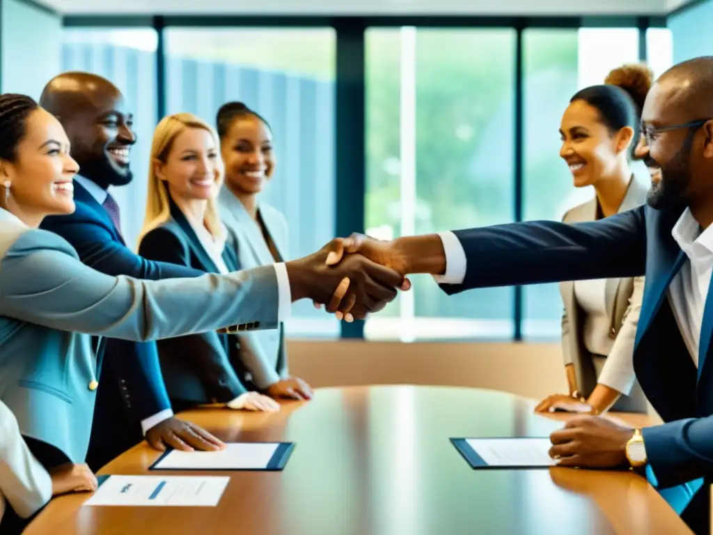 Profesionales de ONGs y organizaciones diversas se dan la mano en una sala de conferencias, simbolizando alianzas estratégicas para ONGs