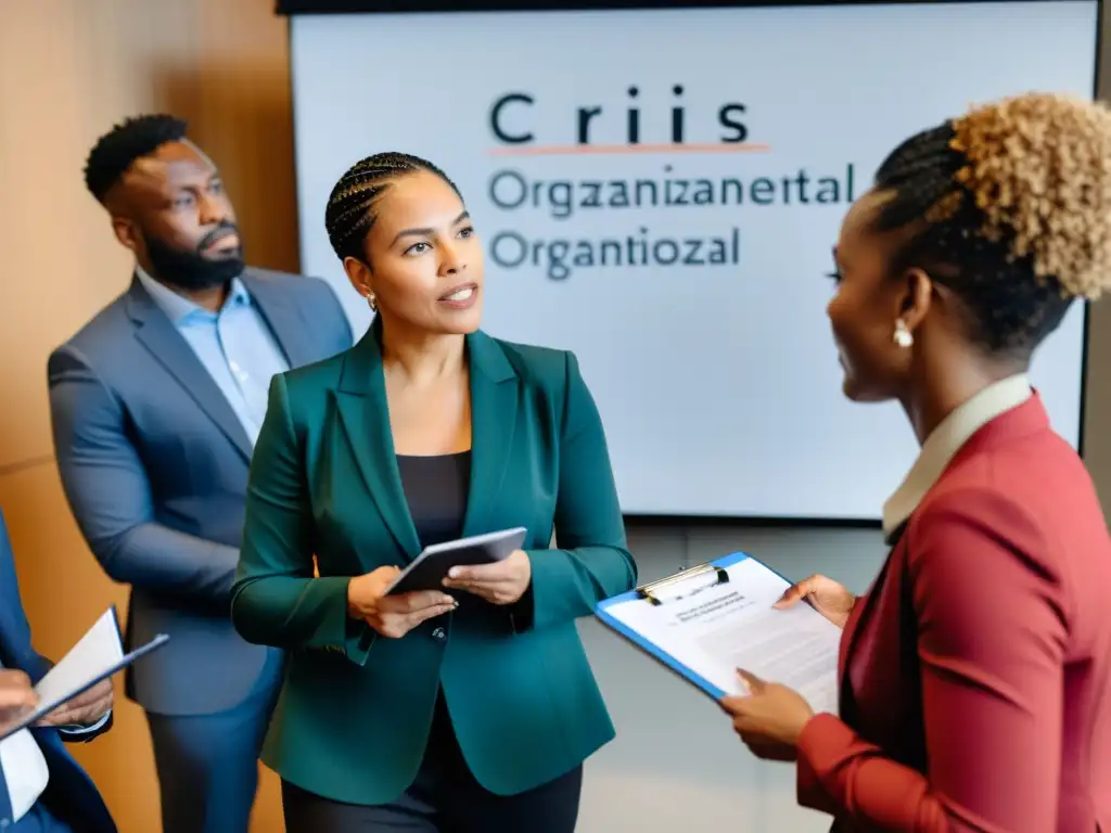 Profesionales de ONGs debaten sobre resiliencia organizacional en una atmósfera cálida y colaborativa