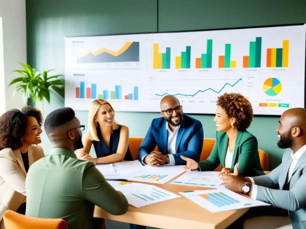 Profesionales de diversas organizaciones colaboran en alianzas estratégicas para la gestión de proyectos de ONGs, discutiendo y planificando con entusiasmo en una sala llena de luz natural y motivación