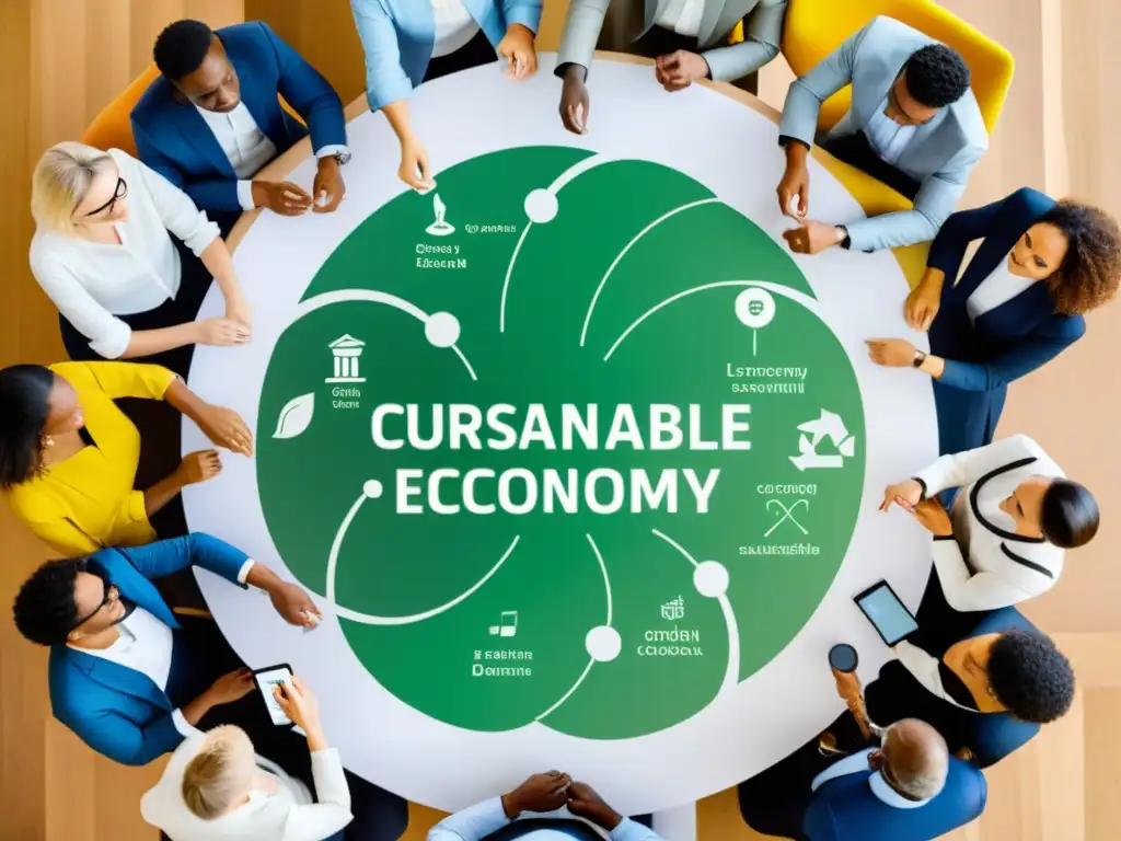 Profesionales de diferentes países y orígenes cooperan en un proyecto de economía circular, rodeados de gráficos y materiales sostenibles