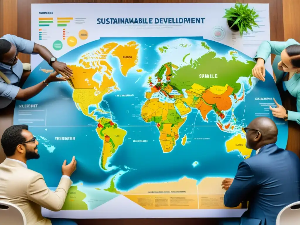 Profesionales de diferentes países discuten proyectos de desarrollo sostenible, rodeados de mapas y gráficos, reflejando la cooperación SurSur