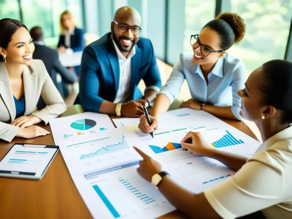 Profesionales colaborando en un plan financiero para ONGs, discutiendo informes y gráficos con entusiasmo en una sala llena de luz natural