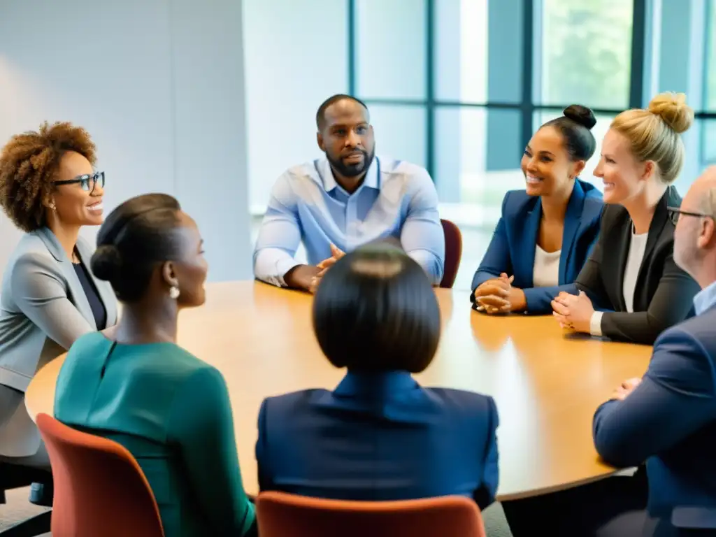 Profesionales de recursos humanos discuten con empatía la prevención del agotamiento en ONGs, mostrando determinación y camaradería