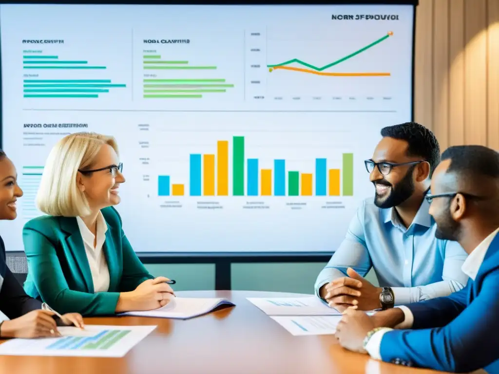 Profesionales y representantes de ONGs colaborando en mesa con gráficos de impacto positivo