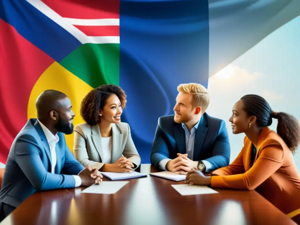 Reunión de profesionales: diversidad cultural en acción Profesionales diversos discuten con respeto y colaboración, mostrando ética en proyectos internacionales ONG