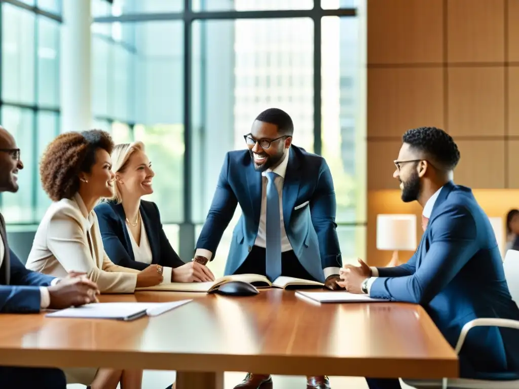 Conferencia de profesionales: sinergia y colaboración Profesionales colaboran en una reunión animada, proyectando confianza y respeto