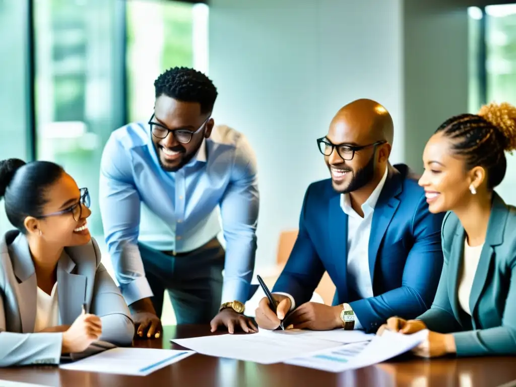 Profesionales en una reunión colaborativa, revisando informes financieros