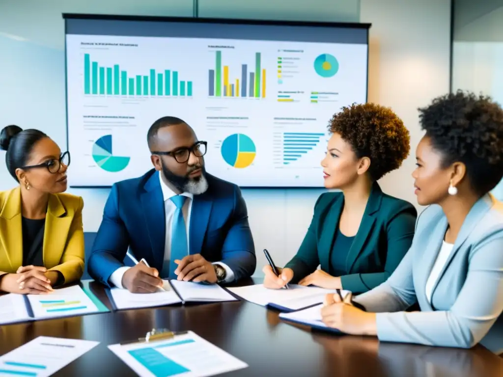 Profesionales en reunión estratégica, analizando informes financieros