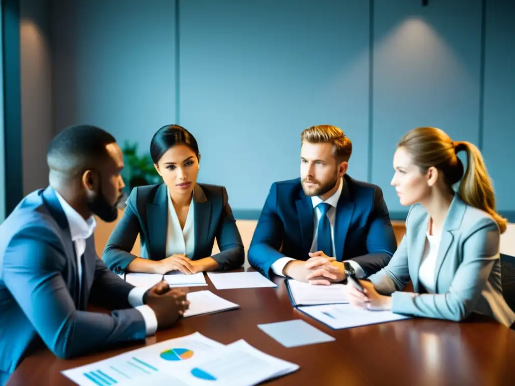 Profesionales en reunión de negocios, discutiendo con determinación