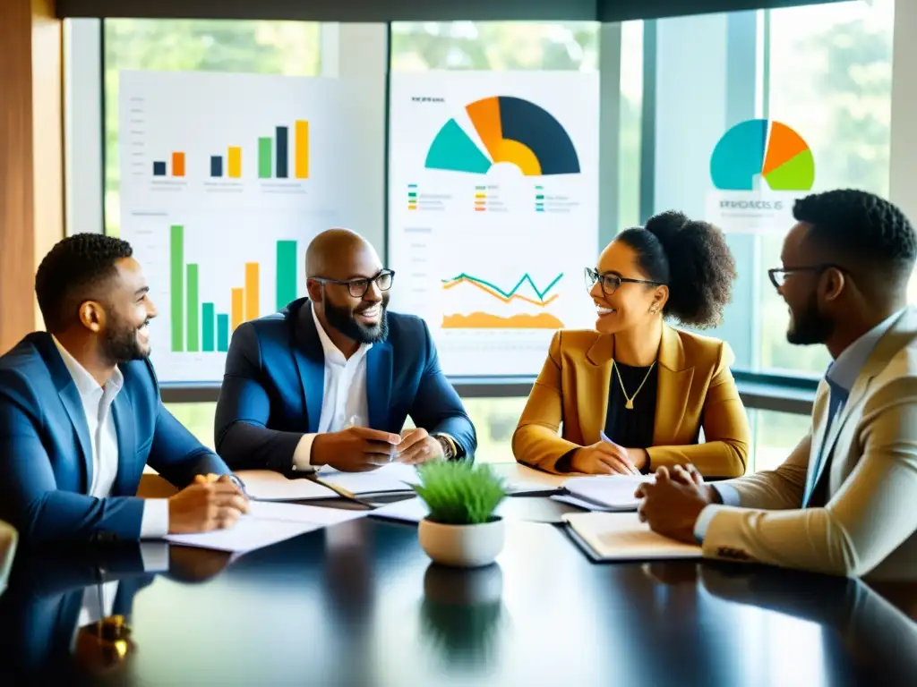 Profesionales discuten gestión de riesgos financieros para ONGs con determinación y compromiso bajo la cálida luz natural