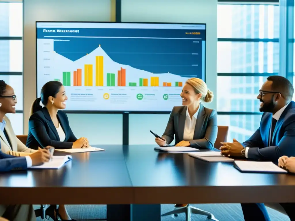 Profesionales de ONGs discuten gestión de riesgos financieros en una sala llena de luz natural