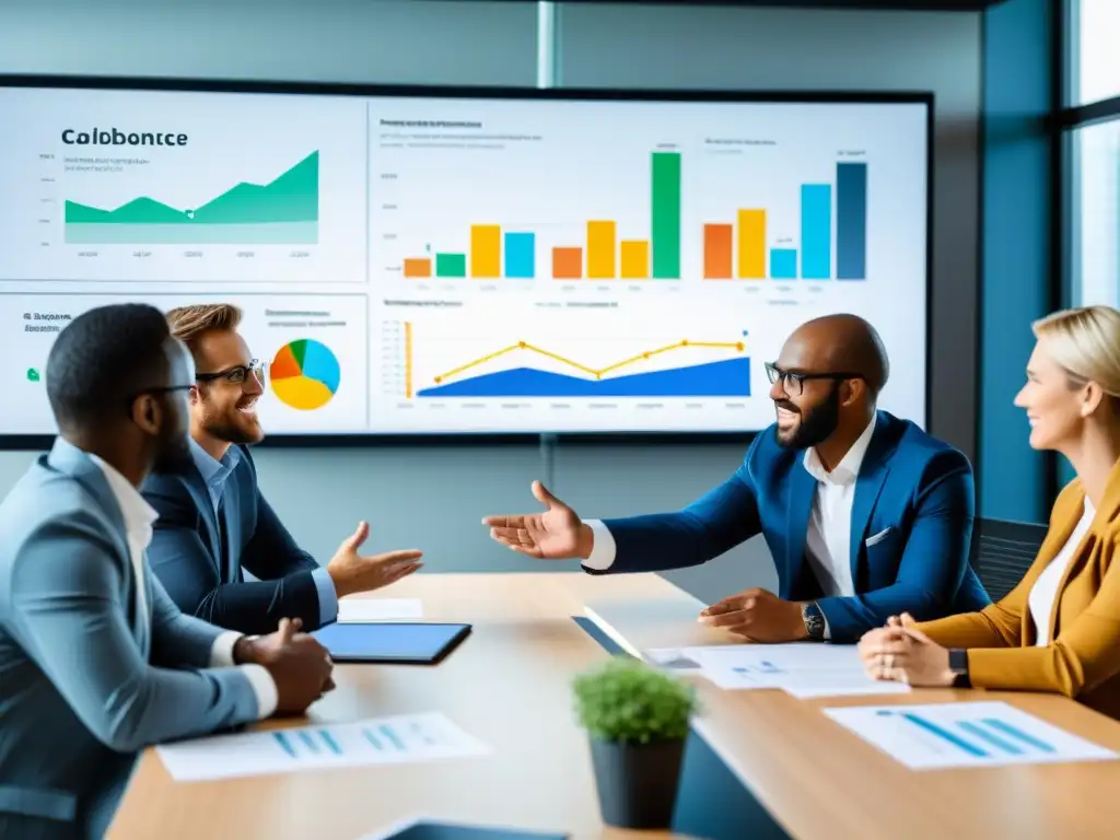 'Profesionales discuten en sala de conferencias bien iluminada, con gráficos en pantalla