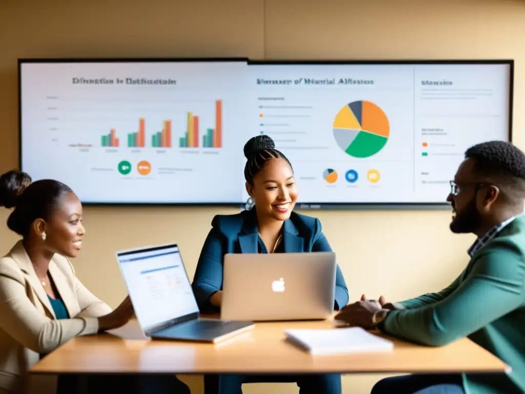 Profesionales de ONG colaboran en sala luminosa, analizando datos y gráficos para implementar sistemas seguimiento impacto ONG