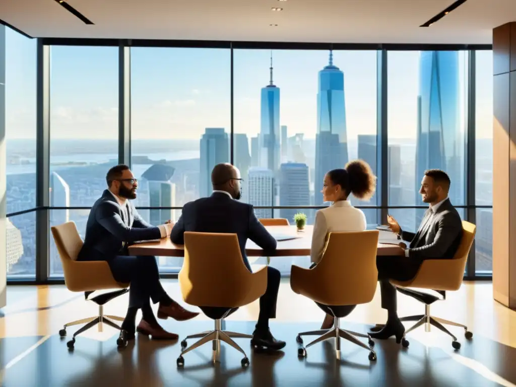 Profesionales colaborando en una sala de reuniones moderna, con vista a la ciudad