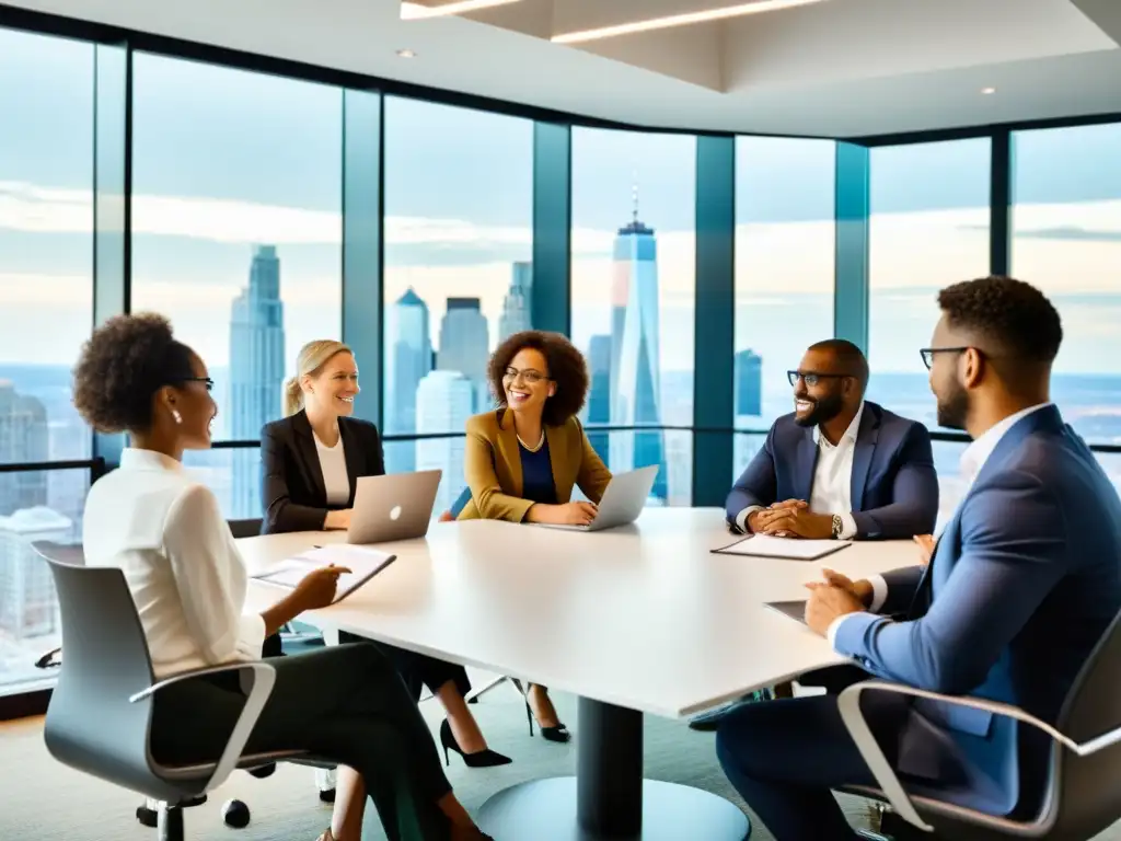 Profesionales colaborando en una sala de reuniones moderna