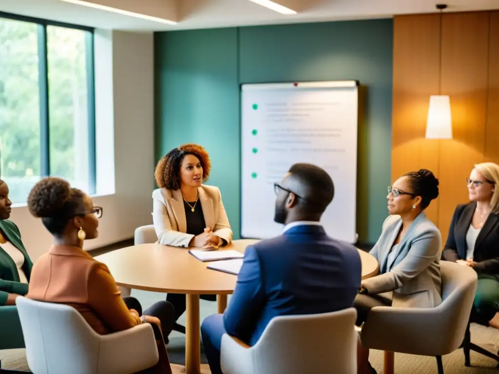 Profesionales de salud mental en intensa colaboración, compartiendo ideas en una oficina cálidamente iluminada