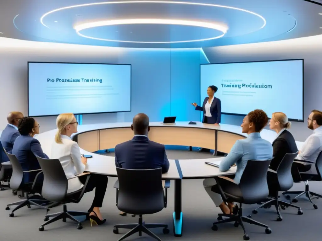 Entrenamiento dinámico y colaborativo para ONGs Profesionales diversos participan en una sesión de formación en una sala moderna y luminosa, transmitiendo innovación y colaboración