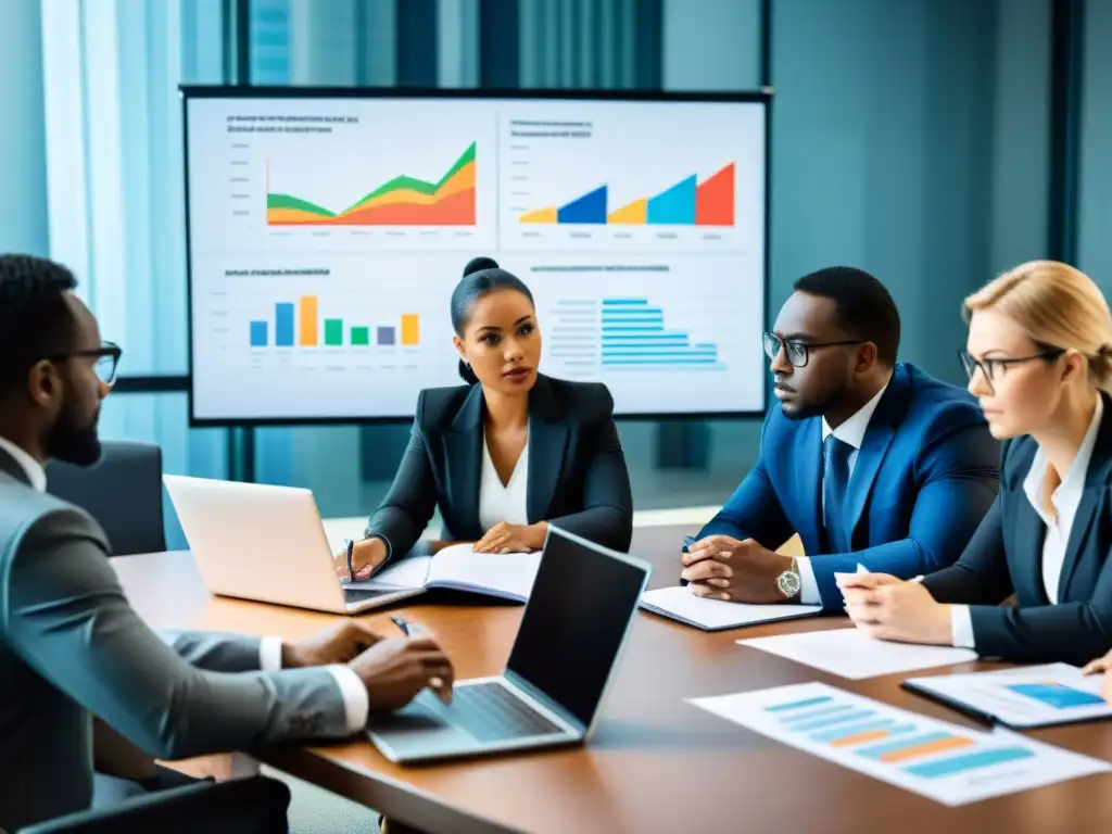 Profesionales en traje de negocios discuten auditorías fiscales y actividades internacionales en una ONG, rodeados de documentos financieros y laptops