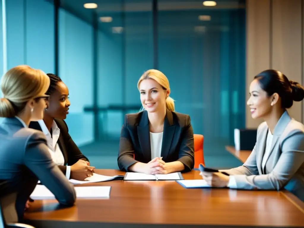 Profesionales en traje de negocios realizan entrevistas a proveedores de TI en una oficina moderna