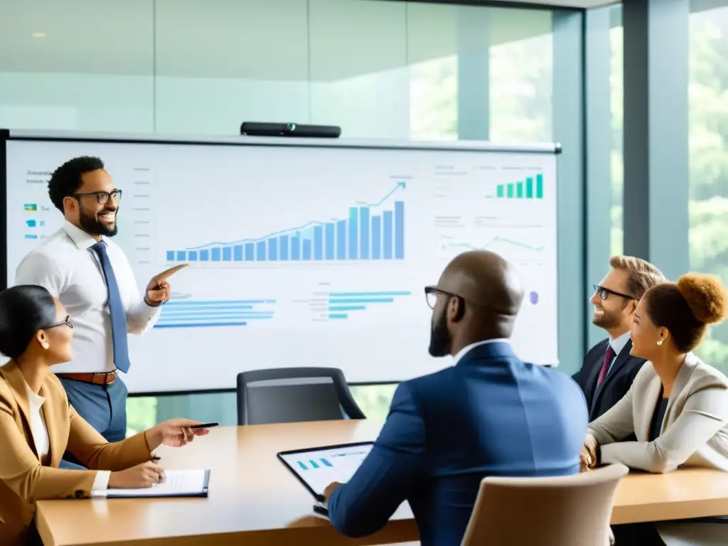 Profesionales en traje de negocios discuten estrategias para la gestión de activos en ONGs, reflejando colaboración y determinación