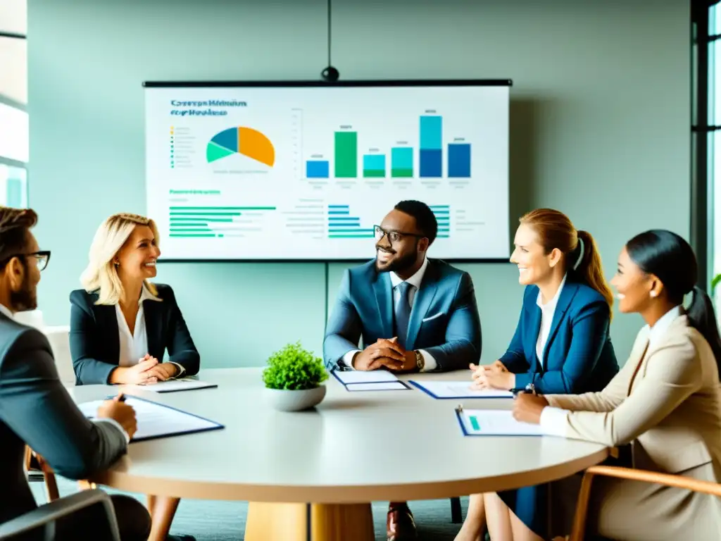 Profesionales en trajes de negocios y representantes de ONGs discuten ideas de patrocinios corporativos para ONGs en una sala llena de luz natural