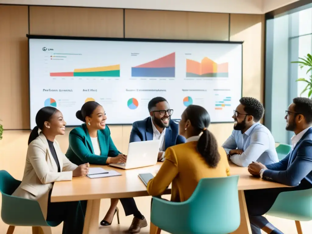 Profesionales de una ONG discuten con pasión sobre la transparencia en el manejo de datos, rodeados de gráficos y laptops