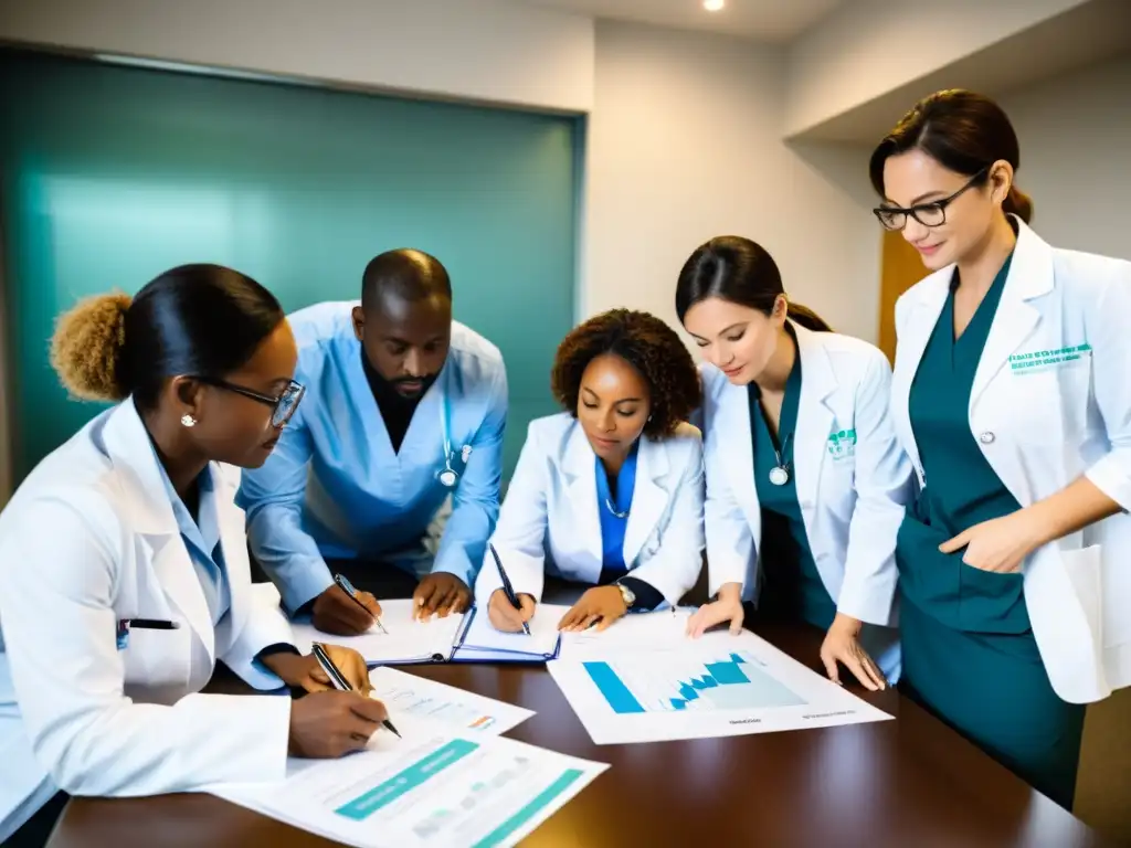 Profesionales y voluntarios en batas médicas y abrigos blancos discuten protocolos para registro de ONG de salud, con ambiente serio y enfocado