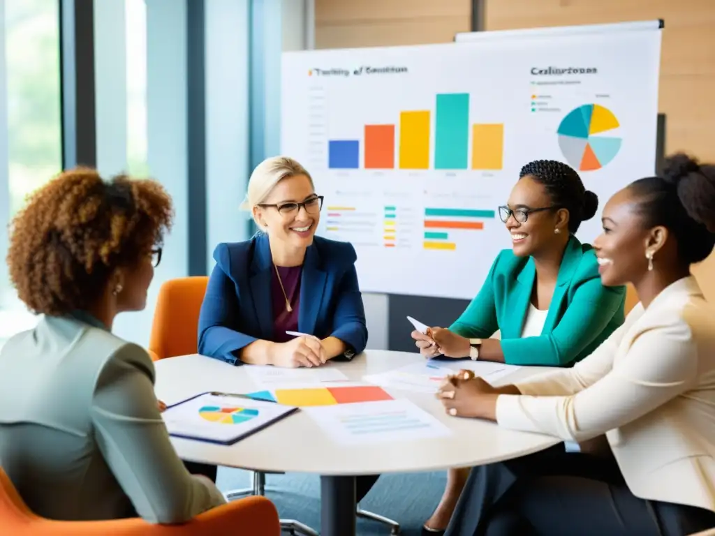 Profesionales y voluntarios colaborando en la creación de planes de capacitación para ONGs en una oficina moderna y luminosa