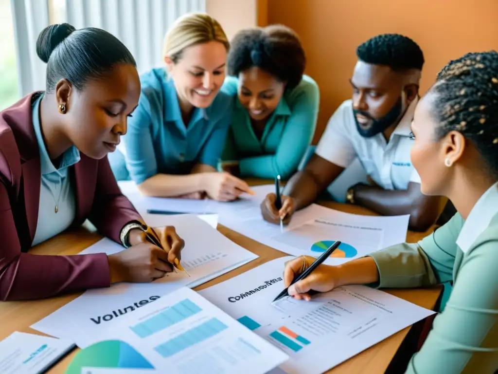 Profesionales y voluntarios en sesión de planificación estratégica para formación ONG, mostrando pasión y dedicación