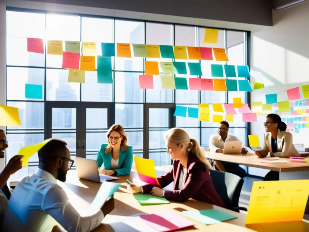 Profesionales y voluntarios colaborando en una oficina bulliciosa, rodeados de gráficos y Postit