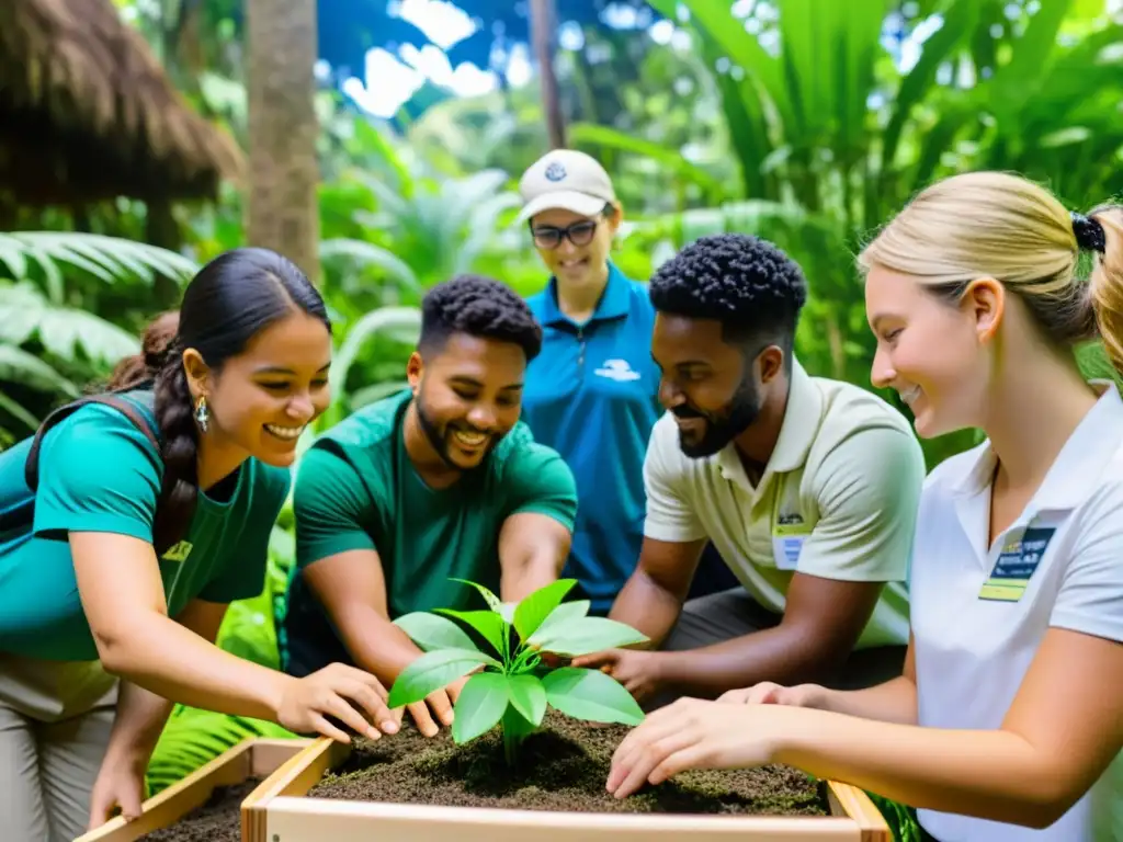 Programas innovadores para educación ambiental: Educadores y estudiantes interactúan en un taller al aire libre, fomentando la conservación ambiental