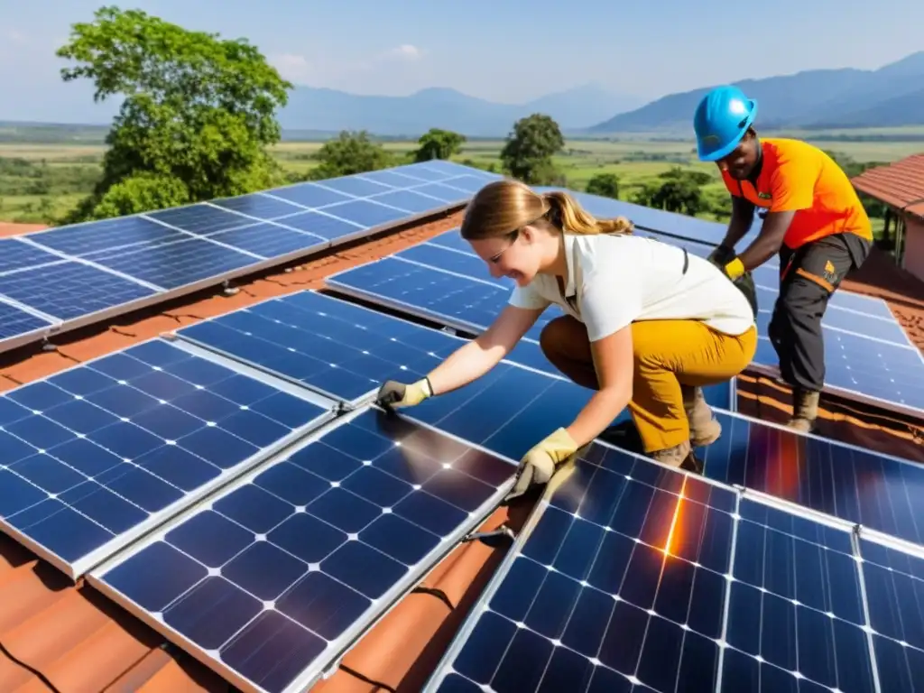 Implementación de proyectos de energías renovables en ONG: equipo de voluntarios instalando paneles solares en un centro comunitario, con el sol brillando en el fondo