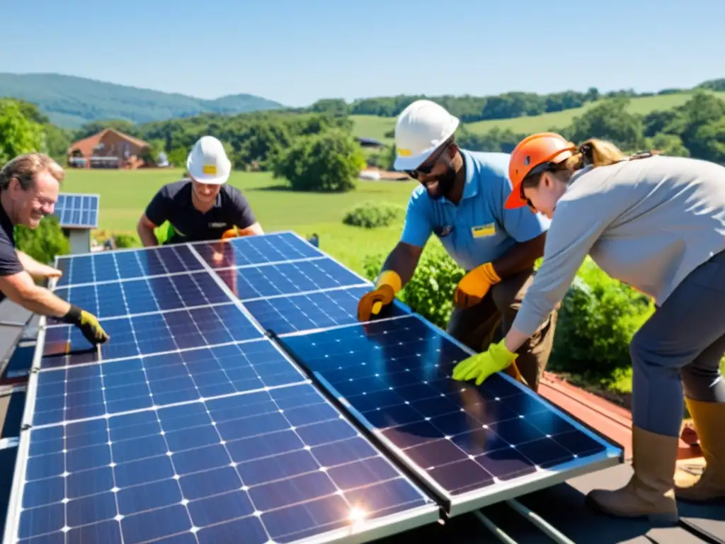 Implementación proyectos energías renovables ONG: Voluntarios instalan paneles solares en centro comunitario, generando esperanza y progreso