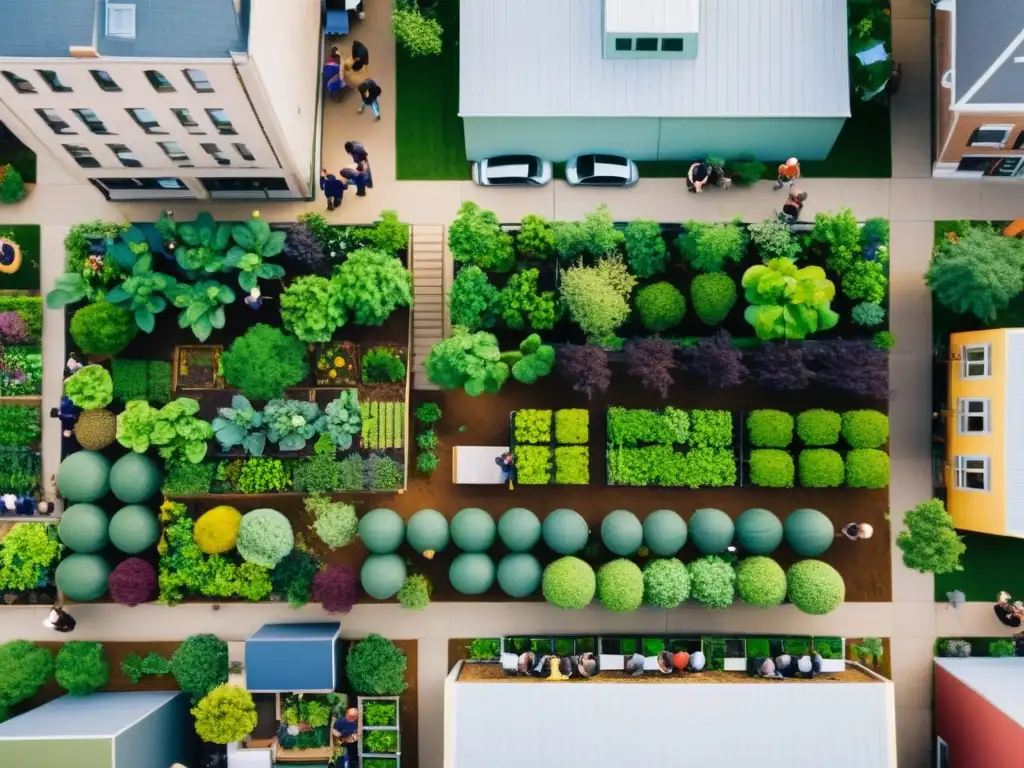 Innovación en proyectos sociales ONG: Vista aérea de una zona urbana bulliciosa, con grupos diversos participando en proyectos comunitarios