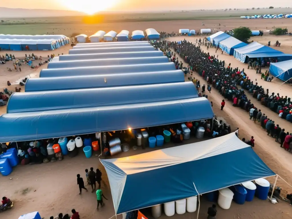 Refugiados esperando ayuda en campamento con dilemas éticos ayuda humanitaria ONGs, al atardecer