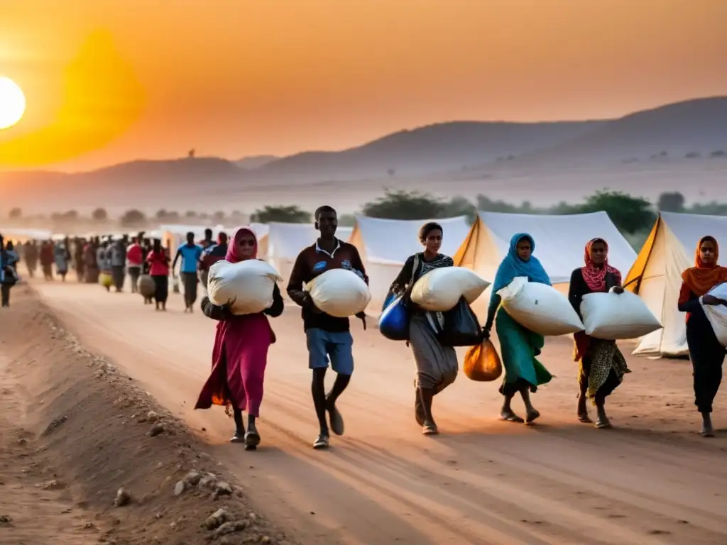 Refugiados caminan hacia la ayuda humanitaria al atardecer, mostrando resiliencia en crisis migratorias