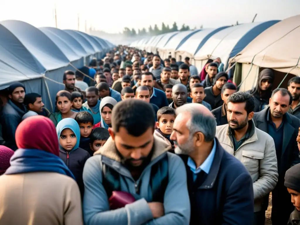 Refugiados en campamento precario, expresiones cansadas y esperanzadoras, rodeados de alambre de púas y vigilados