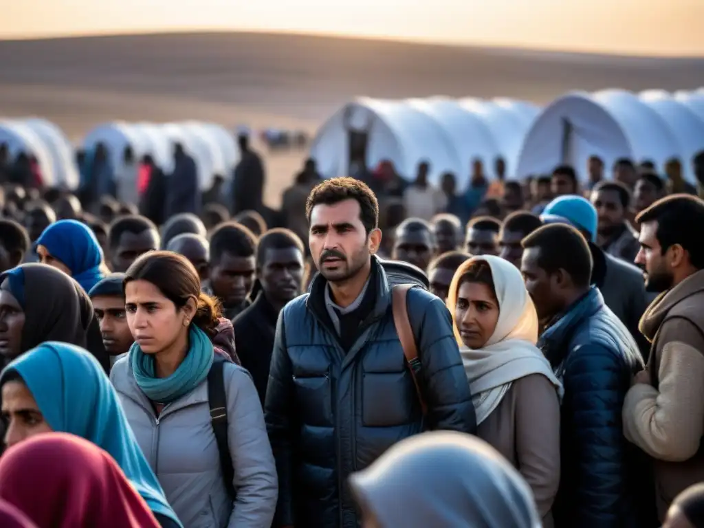 Refugiados en fila afuera de un refugio improvisado, con expresiones de agotamiento