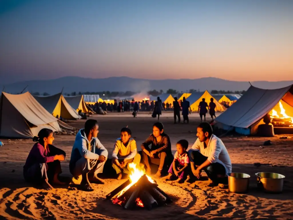 Refugiados reunidos alrededor de fogatas en un campamento al atardecer, mostrando resiliencia y comunidad en medio de la crisis migratoria