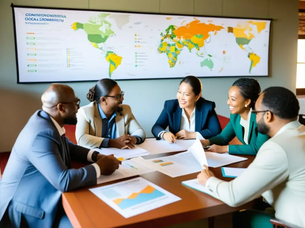 Representantes de diversas comunidades e organizaciones trabajan juntos en un modelo de financiamiento descentralizado para ONGs, en un ambiente cálido y colaborativo lleno de determinación y optimismo