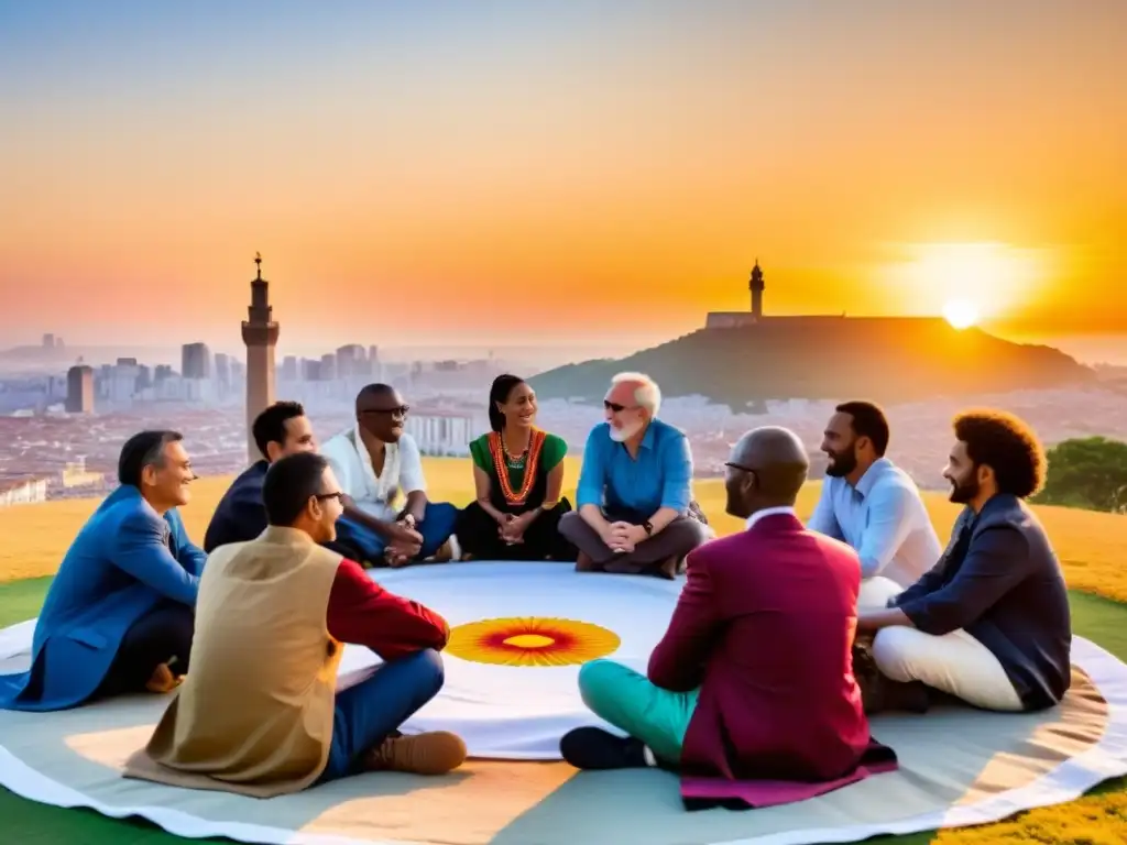 Representantes de diversas culturas discuten cooperación internacional efectiva en un círculo, con la puesta de sol y monumentos icónicos de fondo