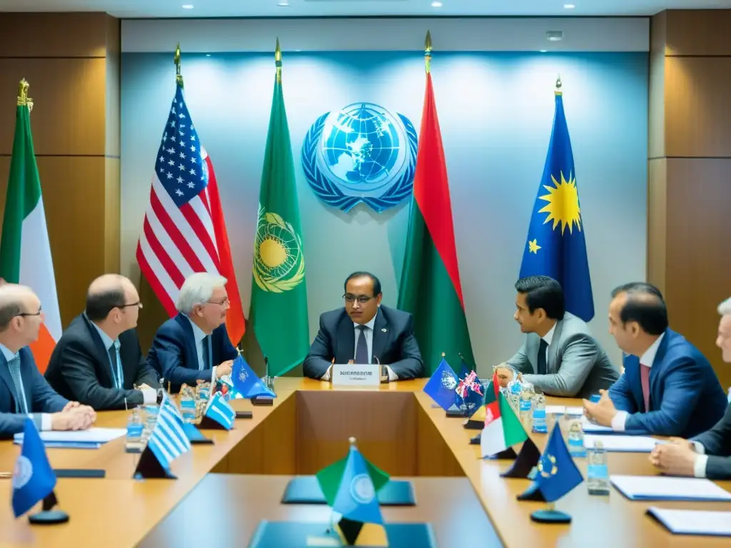 Representantes de ONGs y diplomáticos debaten en una sala llena de banderas nacionales, enfocados en estrategias globales
